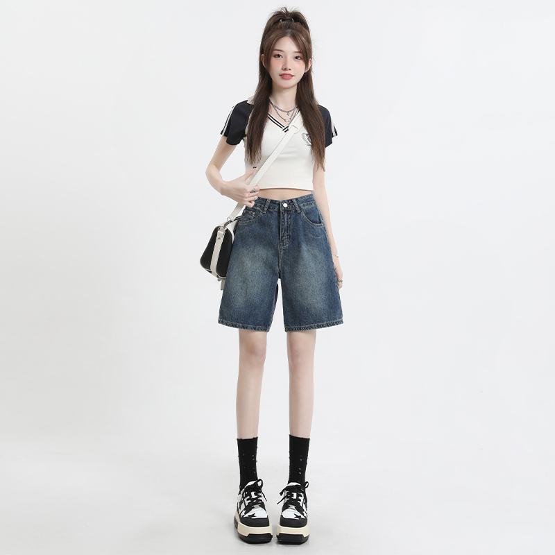 Real shot#Five-cent jeans high-waisted wide-leg new summer Korean style loose retro blue denim shorts for women