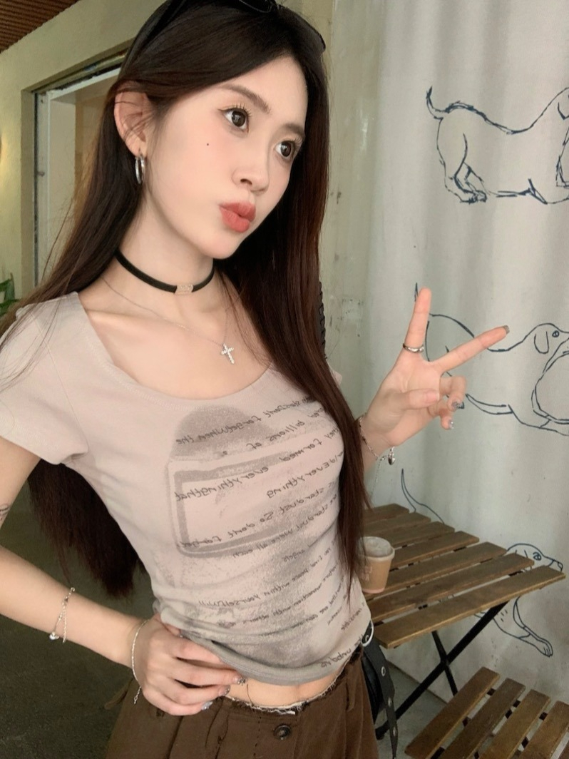 時尚超火新款美式復古印花短袖T恤女夏辣妹正肩修身顯瘦上衣潮
