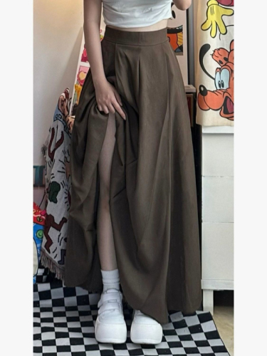 2024 Summer New Brown High Waist Umbrella Skirt Women's Hepburn Style Draped Suit Skirt Trendy