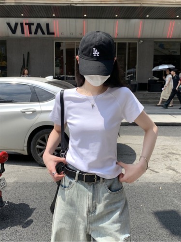 Real shot summer Korean version round neck shoulder insertion slimming slim pure color versatile pure cotton short-sleeved shirt for women