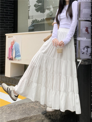 White spliced ​​skirt for women, versatile spring temperament, large swing umbrella skirt, high waist cake long skirt