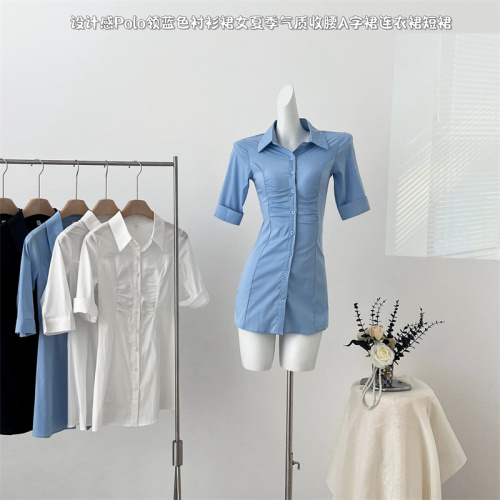 Designed Polo collar blue shirt dress for women summer temperament waist A-line skirt dress short skirt