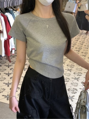 Real shot summer Korean version round neck shoulder insertion slimming slim pure color versatile pure cotton short-sleeved shirt for women