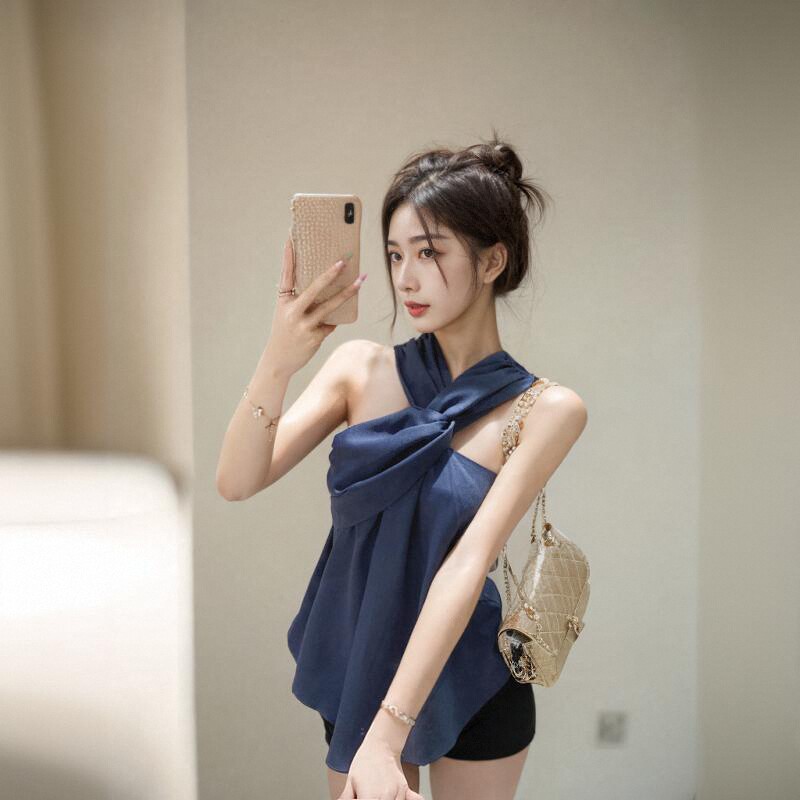 美式小眾別致絕美高級感掛脖背心設計感修身無袖小上衣女夏季外穿