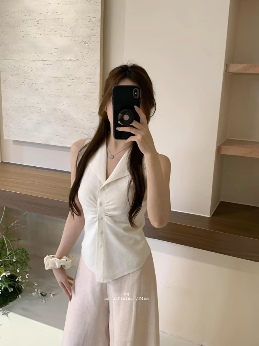 夏季新款韓系通勤紙片人~翻領設計背心小衫女