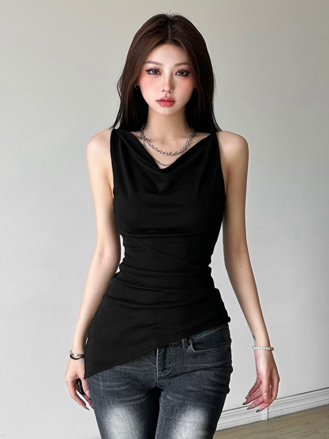 260g Cotton, Elegant Mature Lady Style Retro Swing Collar Boneless Backless Bodysuit for Women with Pleats, Fitted Irregular Top