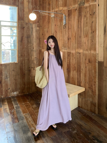 French first love gentle purple halterneck suspender dress summer women's holiday style loose slimming A-line long skirt