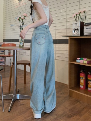 Large size stylish embroidered floral butterfly leather brand jeans washed retro straight wide leg floor mopping pants