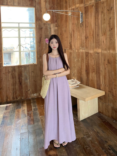 French first love gentle purple halterneck suspender dress summer women's holiday style loose slimming A-line long skirt