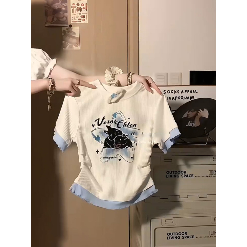 Summer fresh milk blue salt fake two-piece hot girl T-shirt women's striped right shoulder sweet spicy short-sleeved chic short top