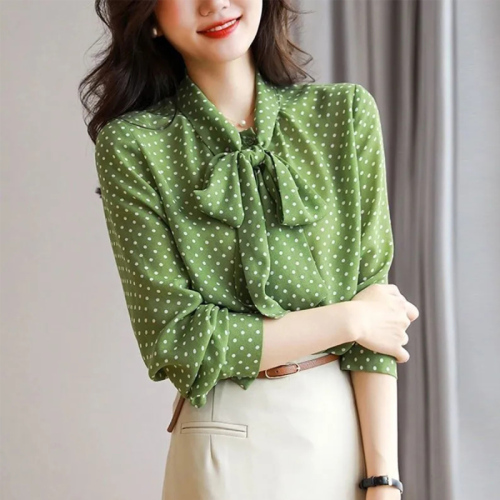 Quality inspector picture 2024 spring and autumn new style blouse women's polka dot shirt collar bow tie long sleeve one button cardigan top 
