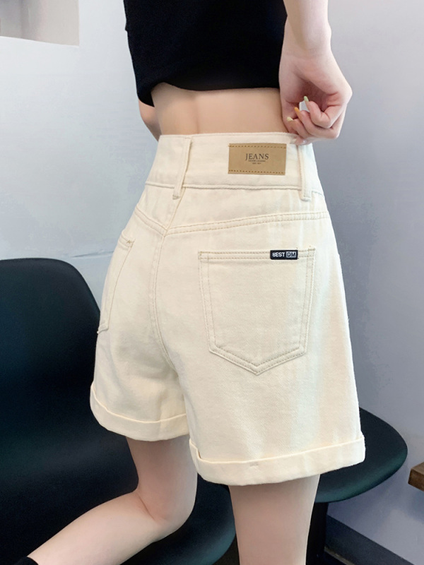 Real shot of off-white denim shorts for women in summer thin high-waisted pear-shaped crotch-covering small A-line wide-leg pants