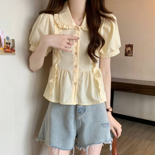 Real shot French sweet design fungus-shaped baby collar short-sleeved shirt for women summer new puff-sleeved top