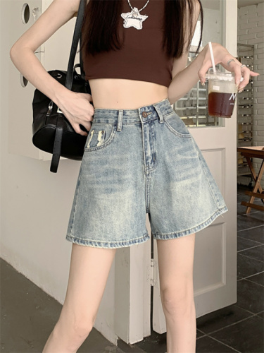 Real shots and real prices ~ Summer new retro high-waisted frayed A-line denim wide-leg shorts