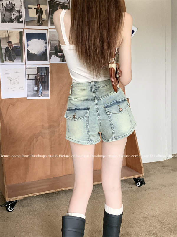 American Retro Hot Girl Denim Shorts Women's High Waist Slimming Hip Covering Wide Leg Hot Pants