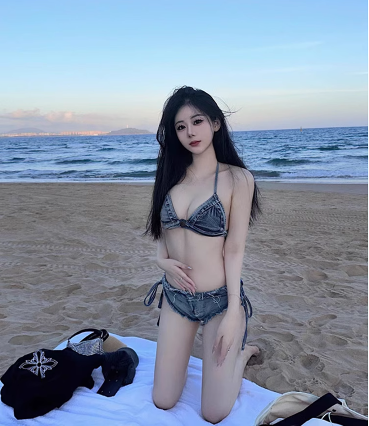 辣妹泳衣女性感牛仔比基尼三點式分體游泳衣女度假溫泉網紅拍照