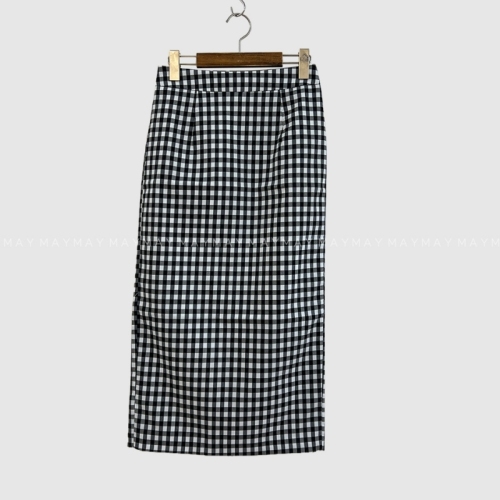 Plaid contrasting color high-waisted slim-fitting slit age-reducing hip-hugging skirt