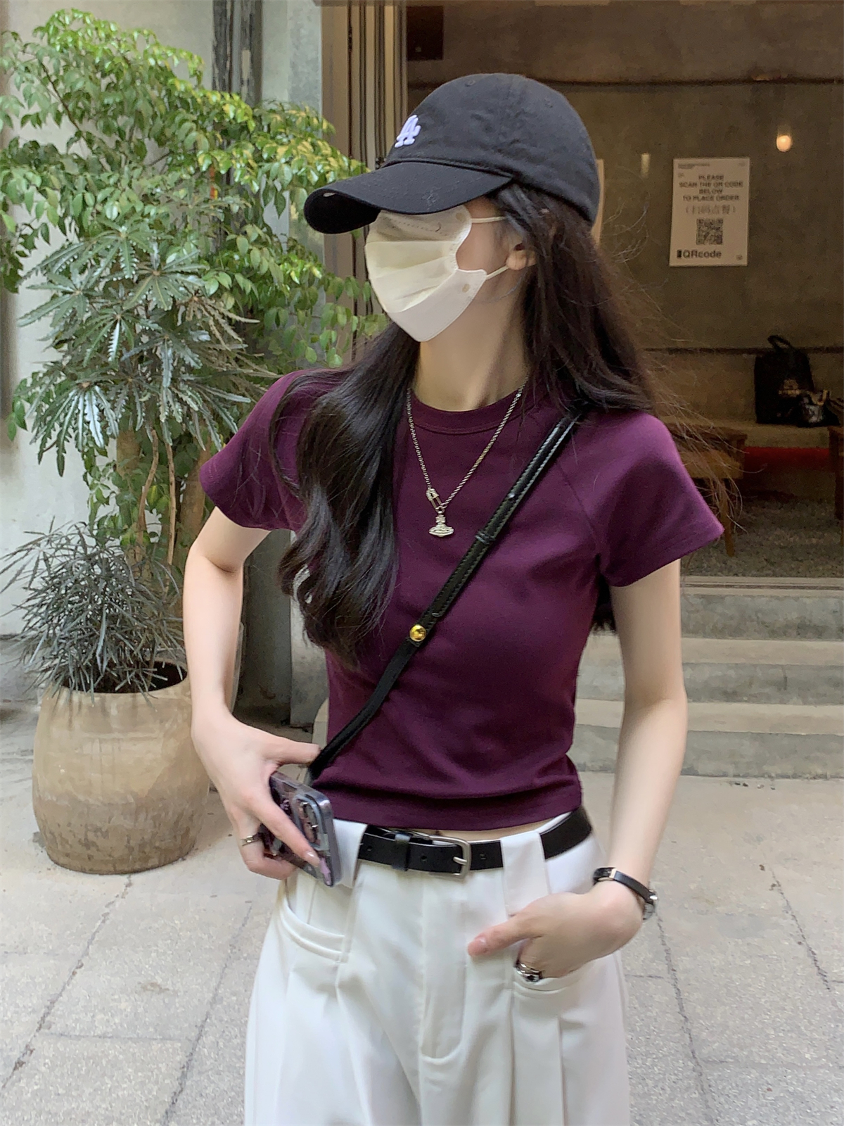 Real shot summer Korean version round neck shoulder insertion slimming slim pure color versatile pure cotton short-sleeved shirt for women 