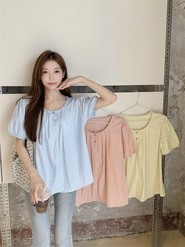 66335 Real shot of large size puff sleeve short top for women summer French chic babydoll short sleeve shirt