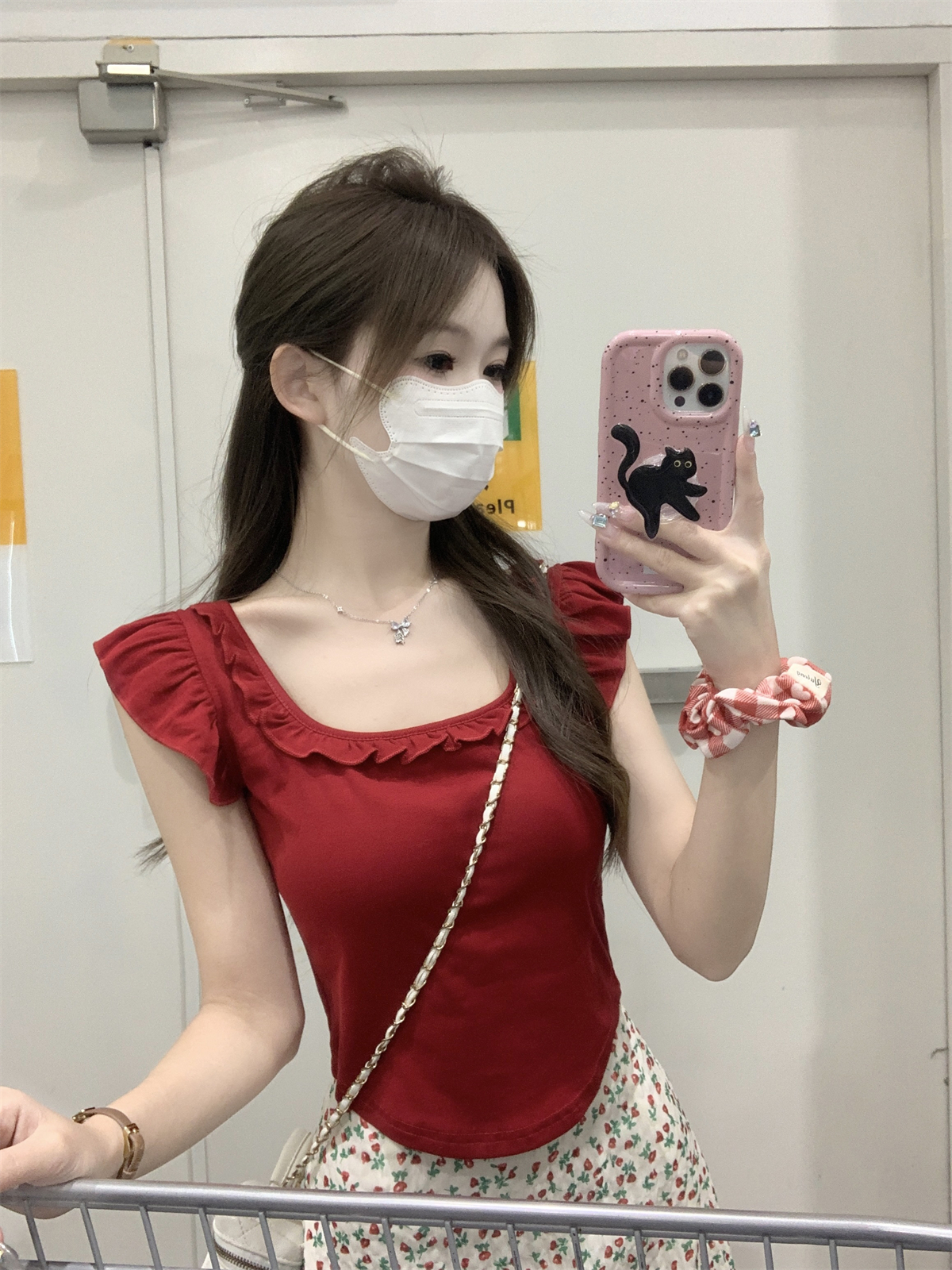 實拍 夏季韓版方領木耳邊減齡飛袖蝴蝶結設計純棉短袖T恤上衣