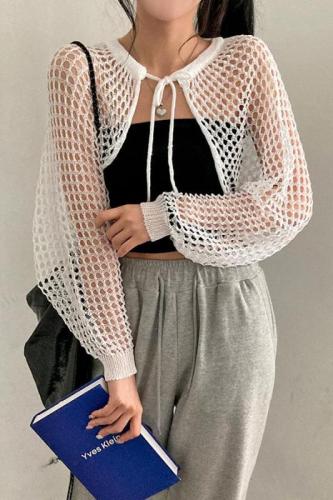 Actual shot of Korean style mesh ribbon casual hollow knitted cardigan short shoulder-sleeved sweater top