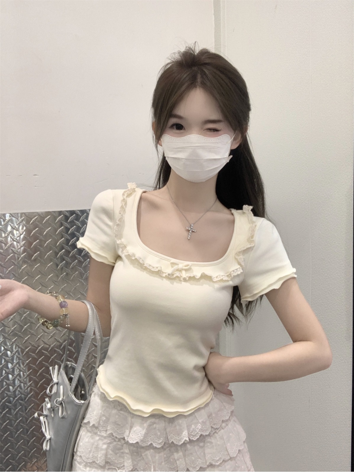 實拍 夏季韓版純欲方領雙層木耳邊減齡短款純棉短袖上衣女