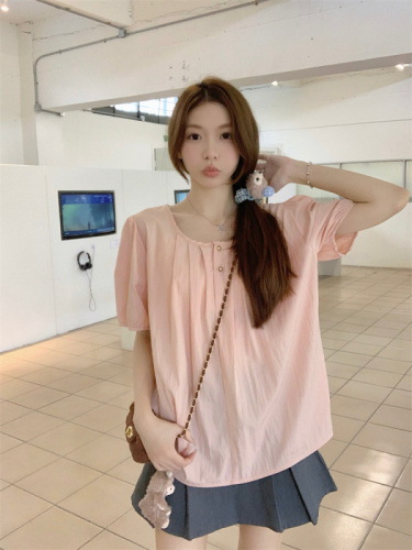 66335 Real shot of large size puff sleeve short top for women summer French chic babydoll short sleeve shirt