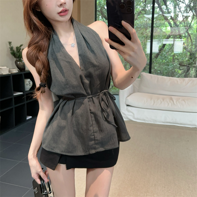 Photographed Vacation Style Backless Hanging Collar Top for Women Loose Tie Belt Sleeveless Solid Color Relaxed Strap Blouse