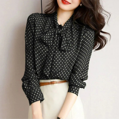 Quality inspector picture 2024 spring and autumn new style blouse women's polka dot shirt collar bow tie long sleeve one button cardigan top 