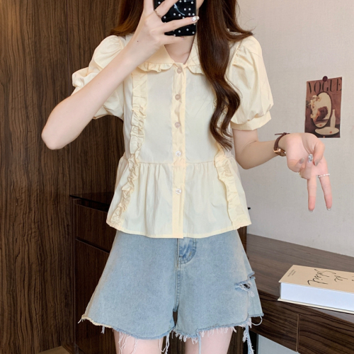 Real shot French sweet design fungus-shaped baby collar short-sleeved shirt for women summer new puff-sleeved top