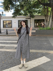 Japanese retro literary style loose plaid shirt dress long skirt