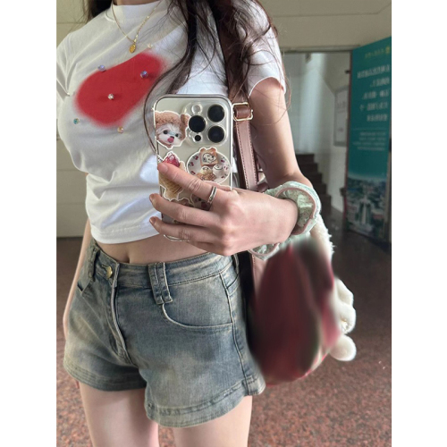 200g pure cotton white diamond love printed short-sleeved t-shirt for women summer slim crop top