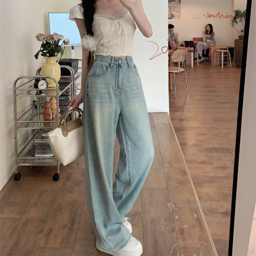 Large size stylish embroidered floral butterfly leather brand jeans washed retro straight wide leg floor mopping pants