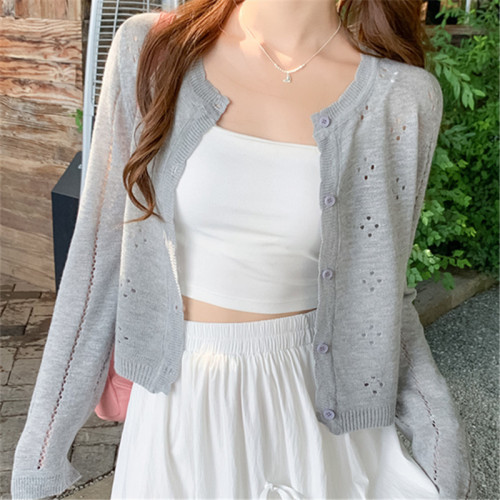 Gray cardigan thin women's 2024 new summer suspender skirt with sun protection blouse knitted jacket air-conditioning shirt