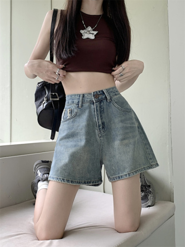 Real shots and real prices ~ Summer new retro high-waisted frayed A-line denim wide-leg shorts