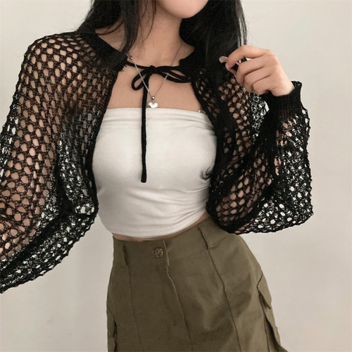 Actual shot of Korean style mesh ribbon casual hollow knitted cardigan short shoulder-sleeved sweater top