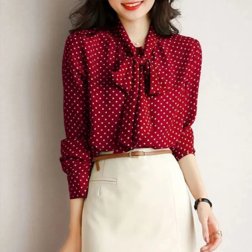 Quality inspector picture 2024 spring and autumn new style blouse women's polka dot shirt collar bow tie long sleeve one button cardigan top 
