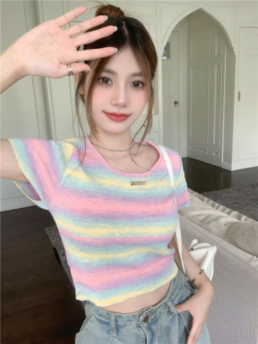 Real shot and real price hot girl gradient striped shoulder sweater T-shirt U-neck short slim fit sweet short top