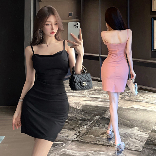 Summer fashion new slim fit pure lust style short skirt French solid color simple waist suspender skirt dress