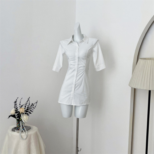 Designed Polo collar blue shirt dress for women summer temperament waist A-line skirt dress short skirt