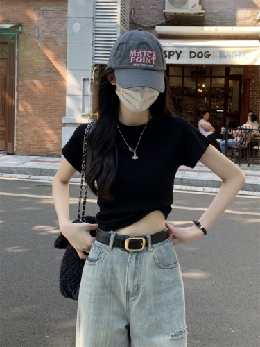 Real shot summer Korean version round neck shoulder insertion slimming slim pure color versatile pure cotton short-sleeved shirt for women