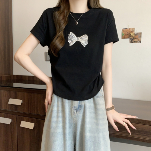 Real shot of pure cotton short-sleeved T-shirt for women summer 2024 Korean version new design embroidered slim hot girl pure desire top