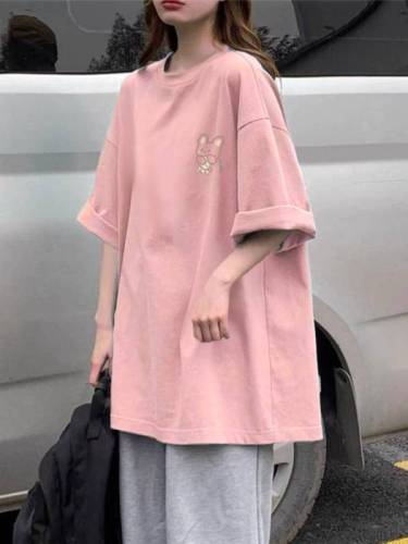 High quality pure cotton 200g combed tightly 100% cotton live same product front printed loose short sleeve t-shirt for women