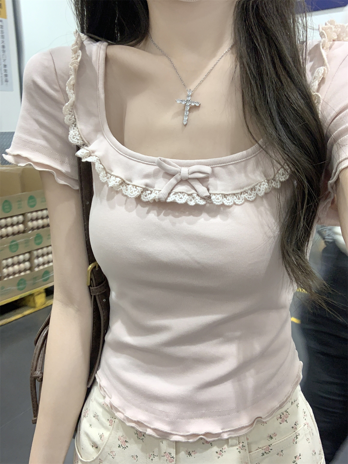 實拍 夏季韓版純欲方領雙層木耳邊蝴蝶結減齡純棉短袖上衣女
