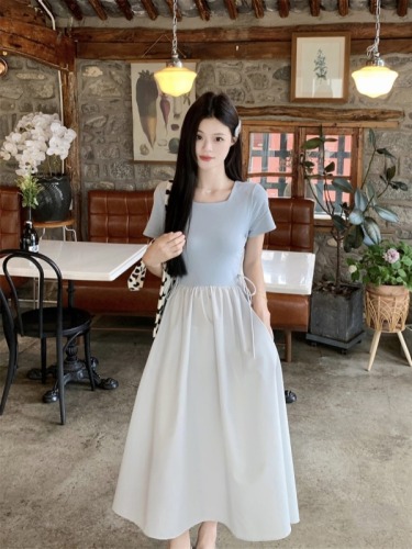 Actual shot of 2024 new summer long skirt, high-end waist skirt, Hepburn style French square collar blue dress for women