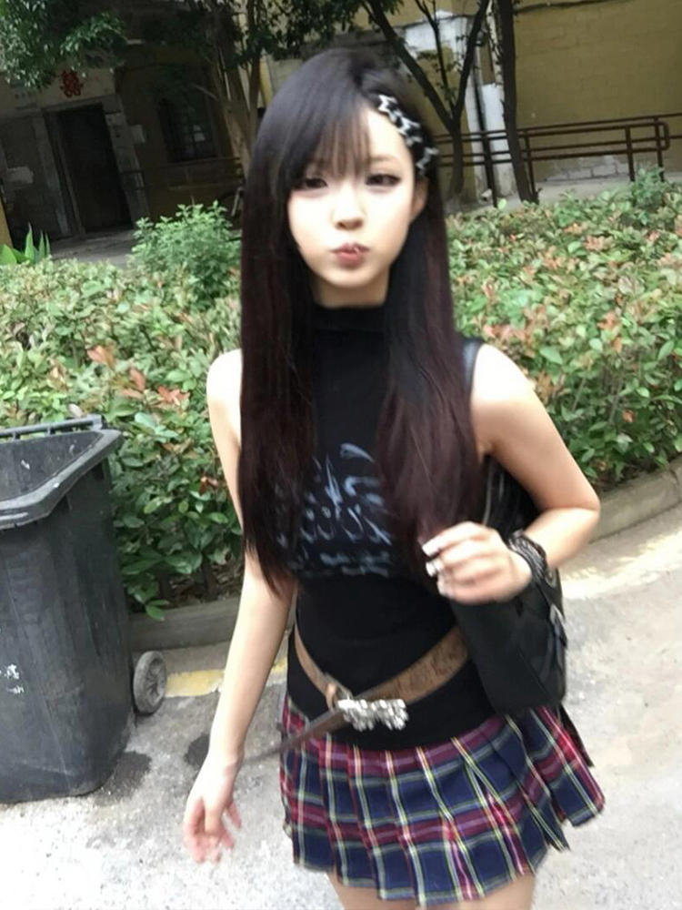 260克人棉莫代爾黑色無袖背心季字母印花t恤千禧風y2k上衣女