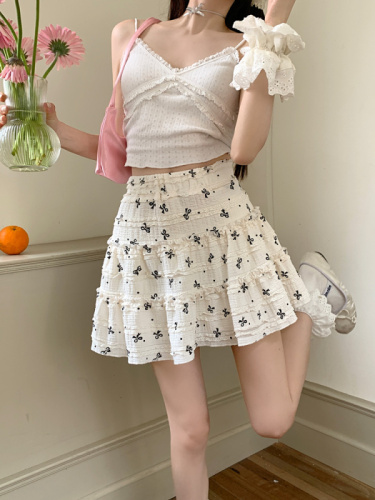 Lace bow age-reducing cake skirt for women summer design elastic waist anti-exposure A-line short skirt