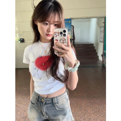 200g pure cotton white diamond love printed short-sleeved t-shirt for women summer slim crop top