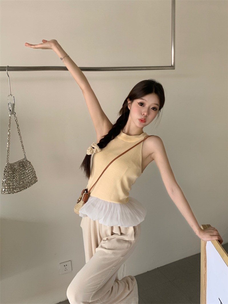 Real shot price new color matching ruffled hem irregular temperament vest top for women 
