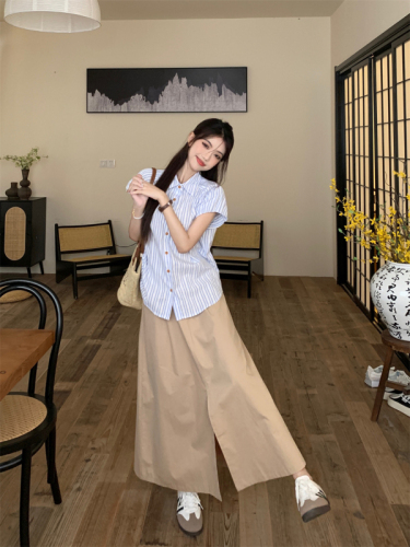 Actual shot and real price Korean version commuting Polo collar striped small flying sleeve shirt + high waist slit slimming skirt